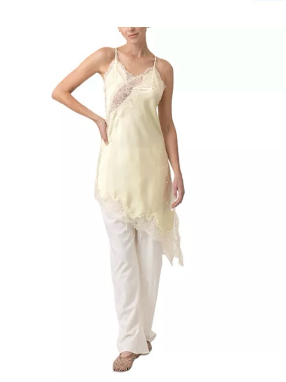 Line And Dot Vintage Lace Satin Women's Large Emel V-Neck Asymmetrical Dress NWT